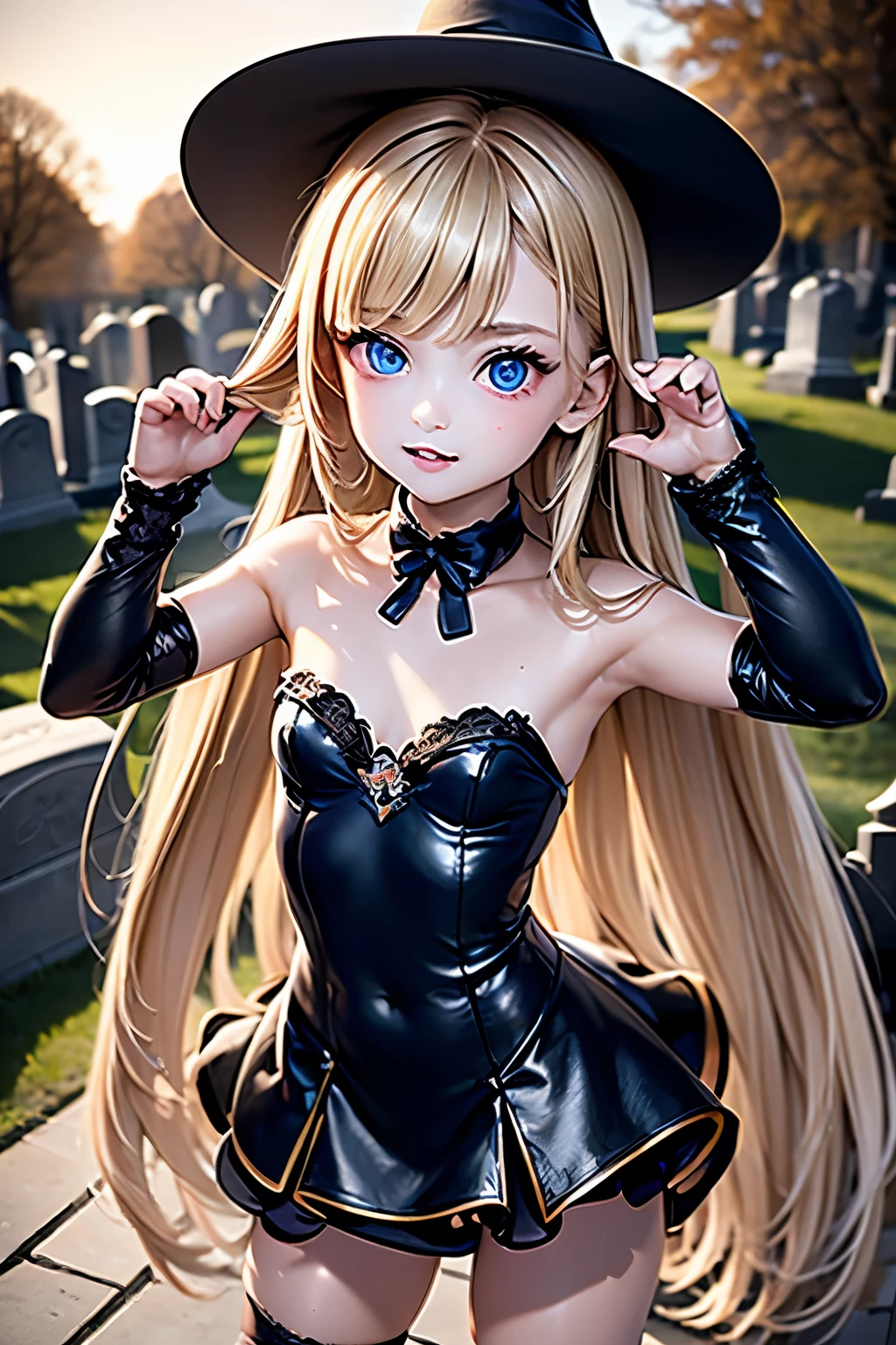 masterpiece,Best Quality,Very detailed,beautiful girl, ager,Halloween Dresses,Halloween decorations,Cemetery at night,Small breasts,Narrow waist,Blonde,Perfect Blue Eyes,Very cute,Active pose