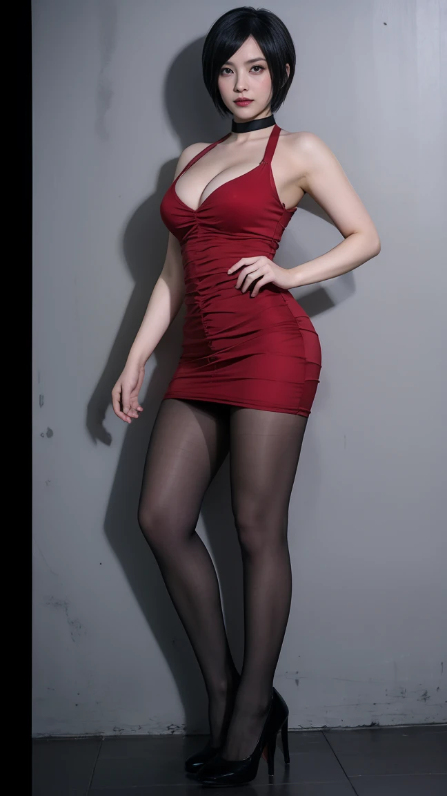 Ada Wong, (best quality, absolutely resolution, ultra detailed, masterpiece), (photo realistic), 8K, (extremely detailed face), BREAK detailed realistic skin texture, clear white skin, shiny skin, (1girl), young woman, 20yo, (short hair:1.2), delicate eyes, beautiful doe eyes, Clean and shiny lips, looking at viewer, (huge breasts), beautiful long legs, thick thigh, beautiful hip line, BREAK (sleeveles Red long dress), (pantyhose:1.3), high heel, (full body:1.4), BREAK (in dungeon:1.3), leg focas