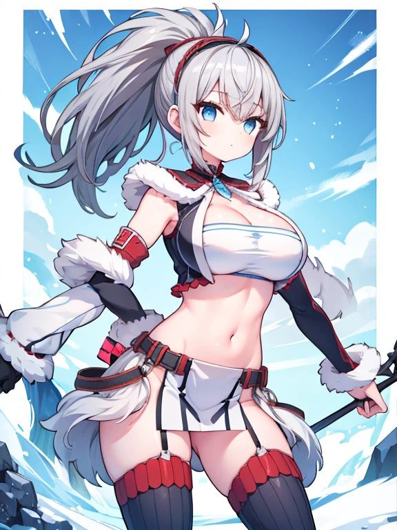 (High resolution, Anatomically correct, Textured skin, high quality), One girl,Large Breasts,Thighs,Gray Hair,Snowstorm,ponytail,blue eyes,Posing