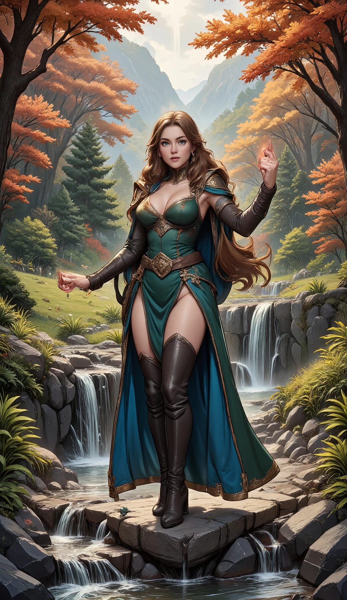 high details, Fantasy Poster, best quality, 16k, [ultra detailed], masterpiece, best quality, Photorealistic , dynamic angle, ultra wide shot, photorealistic, fantasy art, dnd art, rpg art, realistic art, an ultra wide picture of druid grove in a fantasy autumn forest and its druid warden, casting a spell,  a fantasy forest (intricate details, Masterpiece, best quality: 1.5), (at autumn: 1.5), in orange, red, yellow brown leaves, many trees, a stream of water (intricate details, Masterpiece, best quality: 1.5), waterfall (intricate details, Masterpiece, best quality: 1.5), human female druid, full body (intricate details, Masterpiece, best detailed: 1.5), exquisite beautiful woman druid (intricate details, Masterpiece, best detailed: 1.5), ultra detailed face (intricate details, Masterpiece, best detailed: 1.6), long hair, wavy hair (intricate details, Masterpiece, best quality: 1.5), busty, dynamic eyes color, fair skin, wearing blue cloak (intricate details, Masterpiece, best quality: 1.5), green robe (intricate details, Masterpiece, best quality: 1.5), wearing high heel boots, cinematic light, pastoral atmosphere, divine light, gods rays, hyperrealistic, Photorealistic, 16k, RAW, award winning, [ultra detailed], masterpiece, best quality, (ultra detailed), full body, ultra wide shot, photorealistic