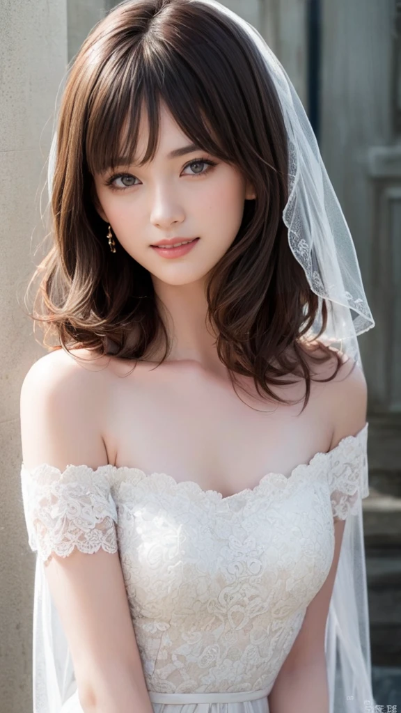 8K, RAW photo, highest quality, masterpiece: 1.2), Super detailed, ultra high resolution, (realistic, realistic photos: 1.37), portrait, High-definition RAW color photos, professional photos, Particle Texture Photography, very delicate and beautiful, very detailed, 8K wallpapers, Amazingly detailed details, huge file size, official art, Highly detailed CG Unity 8K wallpaper, very detailed beautiful girl, very detailed face, very fine eyes, very detailed skin, very detailed fingers, very detailed nose, very detailed mouth, perfect anatomy, very detailed background, very detailed clothes, 1 girl, (20-year-old: 1.2), 20th generation, cute girl, realistic body,, short hair, (bangs: 1.2), smile, cute, youth, cute face, realistic face, Light brown eyes、delicate eyes, 垂れ目highest quality, masterpiece, 8K quality, high detail, photographic style, detailed background, 28 year old beautiful Japanese woman、bridal tiara, bridal veil, bridal gauntlet, round idium chest、big breasts、appealing breasts、appealing breastsのvalley間、semi body shot、White wedding dresses、valley、landscaped gardens、(White Princess Line Wedding Dresses、bridal tiara、white choker、white lace gloves、white pantyhose:1.2),(white skirt、beautiful embroidery、White lace garter belt:1.2),Beautiful necklaces、Upper body, Beautiful Wedding Venue,With a well-shaped bust, Clear waist, and beautiful light brown hair, Captivate everyone around. Please generate a detailed description of this scene.,fair and beautiful skin、Gentle atmosphere、bangs、beautiful hair、cute face、Portrait、cute girl、Popular models in Japan、smiling kindly、綺麗な胸のvalley間、