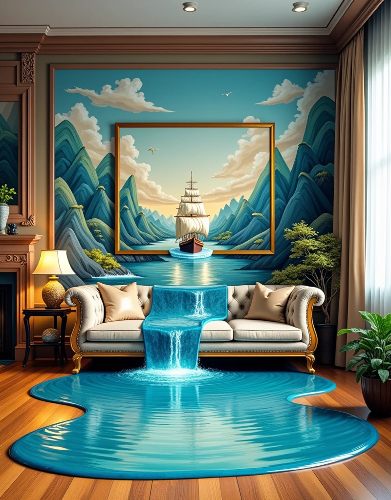 A surreal photograph of a river floating out of an oil painting on a living room wall and spilling over a couch and the wooden floor. The painting depicts a tranquil river between mountains. a ship gently bobbing in the water and entering the living room. The river's edge spills onto the wooden floor, merging the world of art with reality. The living room is adorned with tasteful furniture and a warm, inviting atmosphere., cinematic, photo, poster, 1ltss1