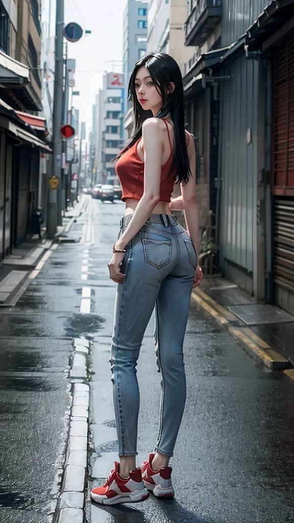 ８ｋ,Realistic skin texture、Superrealism、Realistic photos、Japanese women、、Stand up to your full height. 、Red Tank top, Blue skinny jeans、sneakers、Shinjuku back alley、Innovative Configuration、Full body photo、、A melancholic look、rain 、Black Hair、Kiss face、Large hips、Very Long Hair、Large butt