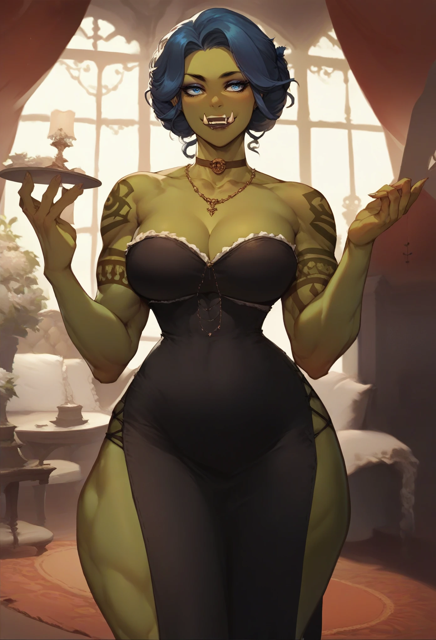 (Score_9, score_8_up, score_7_up,) female orc, dark green skin, fangs, blue eyes, toned, muscular, tall, slim waist, wide hips, dirndl, dress, tattoos, smiling, eyeliner, lipstick, beautiful face, choker necklace, living room, Nyantcha Style, source_anime,  