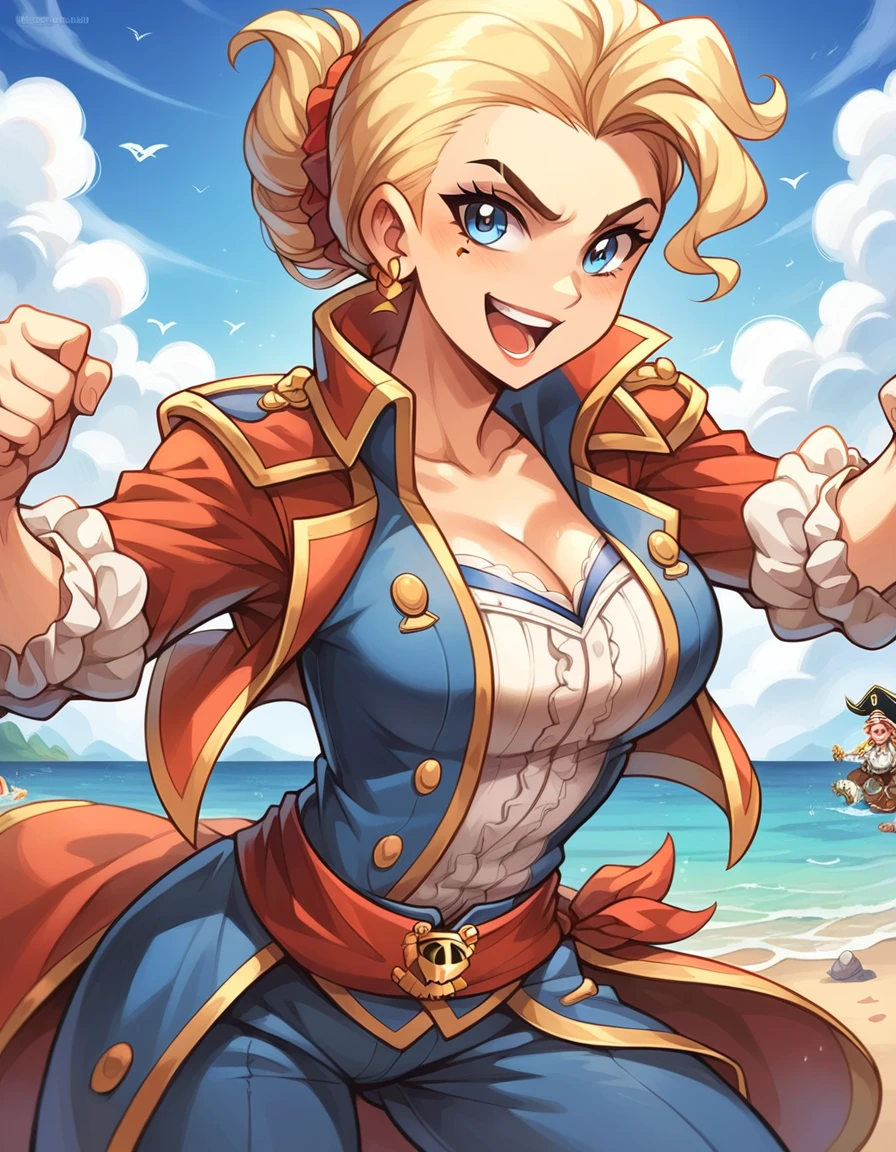 masterpiece, best quality, highly dramatic picture, beautiful eyes, cinematic lens effect, ((pirate captain)), ((Busty Bitches)),  ecchi girl sexy photoshoot, fighting pose, excited smile , random hairstyle, random hair colour 