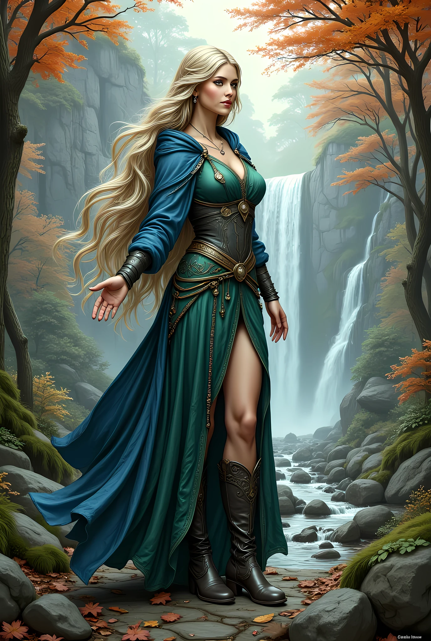 high details, Fantasy Poster, best quality, 16k, [ultra detailed], masterpiece, best quality, Photorealistic , dynamic angle, ultra wide shot, photorealistic, fantasy art, dnd art, rpg art, realistic art, an ultra wide picture of druid grove in a fantasy autumn forest and its druid warden, casting a spell, a fantasy forest (intricate details, Masterpiece, best quality: 1.5), (at autumn: 1.5), in orange, red, yellow brown leaves, many trees, a stream of water (intricate details, Masterpiece, best quality: 1.5), waterfall (intricate details, Masterpiece, best quality: 1.5), human female druid, full body (intricate details, Masterpiece, best detailed: 1.5), exquisite beautiful woman druid (intricate details, Masterpiece, best detailed: 1.5), ultra detailed face (intricate details, Masterpiece, best detailed: 1.6), long hair, wavy hair (intricate details, Masterpiece, best quality: 1.5), busty, dynamic eyes color, fair skin, wearing blue cloak (intricate details, Masterpiece, best quality: 1.5), green robe (intricate details, Masterpiece, best quality: 1.5), wearing high heel boots, cinematic light, pastoral atmosphere, divine light, gods rays, hyperrealistic, Photorealistic, 16k, RAW, award winning, [ultra detailed], masterpiece, best quality, (ultra detailed), full body, ultra wide shot, photorealistic, hyp3rd3tail style