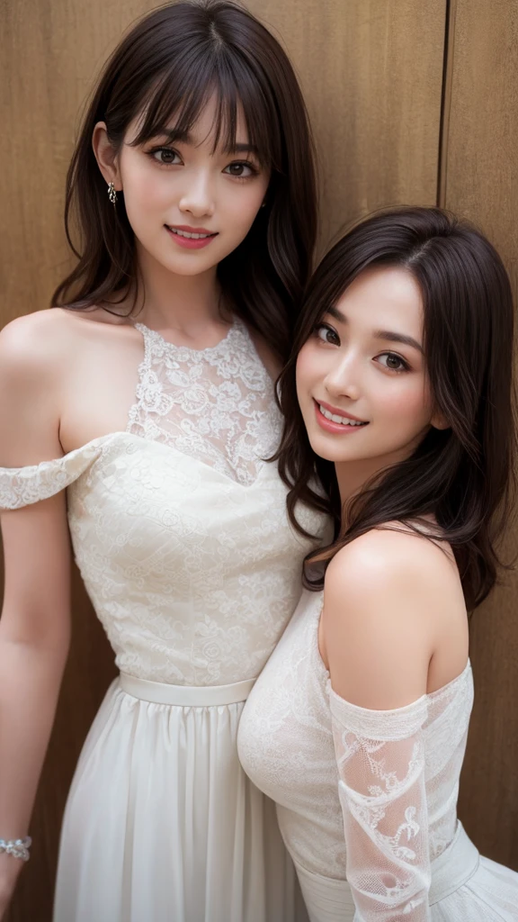 (8K High Quality Masterpiece)、 ((tople brown eyes、Two highlights in the eye、))、( striking beautiful flawless face symmetry) 、A darK-haired、a baby face、((Smile full of love))、Attractive proportions, (((Lace prom dress with white delicate embroidery)))、Different angles(in poolside)、Ignore NSFW、