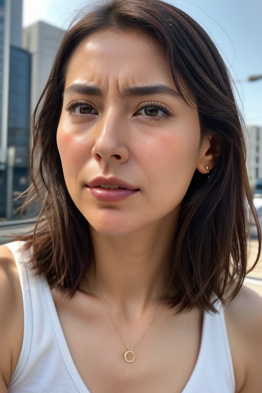 Beautiful Japanese actresses,1 girl,Flying debris,,Award-winning photo, Very detailed, Focus your eyes, Nose and mouth,Face Focus, extreme close up of face、 Age 35,Brown Hair、Symmetrical face,Realistic nostrils、Angle from below、Elongated C-shaped nostrils,(Sharp Nose)Sweaty skin、Shiny skin,(Brow wrinkles))（Cum on tongue)、((Thin eyebrows))Oily skin、Glowing Skin、double eyelid、、Beautiful woman、Medium Hair、Shortcuts、Tank tops,I can see the sky、Shibuya Center Street、(((Show your side,throw))),Raise your eyebrows, (((Hold your mouth, Frowning, Crazy, Frowning))), Textured Skin,Long upper arms,((Open your eyes and cry, , Drunk, The face of patience))Squat,Large Breasts,((Always raise your arms、Please expose your armpits))Long arms,Frowningをする,odor, Stimulate,((( sad, sleepy, Frowning, The face of durability),furrowed brow, raised eyebrows, frown))