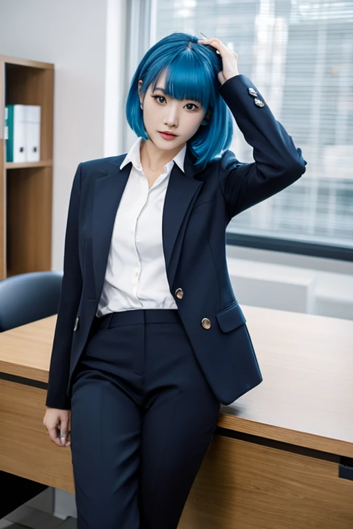 masterpiece,Office,Blue Hair、,Black Jacket,White Shirt,The chest is exposed,Spread your legs,M-foot:1.7,Job hunting suit:1.5,that&#39;s it,Sexual climax:1.5, Pencil Skirt,High heels