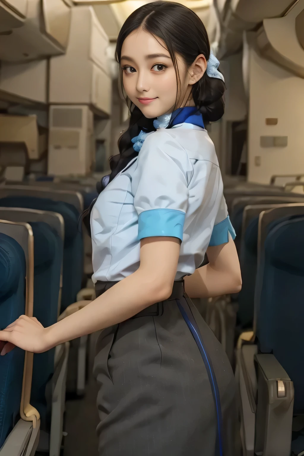 (masterpiece:1.2, Best Quality:1.2), 32K HDR, High resolution, (Alone、1 girl)、（On the roof of a building during the day、Professional Lighting）、Building rooftop background、（ANA cabincrew uniform blueを着たリアルスタイル）、（（ANA cabincrew uniform blue short sleeve blouse 、 ANA cabincrew uniform blue skirt with blue line on the back、Scarf around the neck））、Dark brown hair、（Super Long Hair、Braids）、Dark brown hair、Long Shot、Big Breasts、Thin legs、Blue Eyes、（（Great hands：2.0）），（（Harmonious body proportions：1.5）），（（Normal limbs：2.0）），（（Normal finger：2.0）），（（Delicate eyes：2.0）），（（Normal eyes：2.0））)、smile、（ANA cabincrew uniform blueを見せた美しい後ろ姿）、Hands down