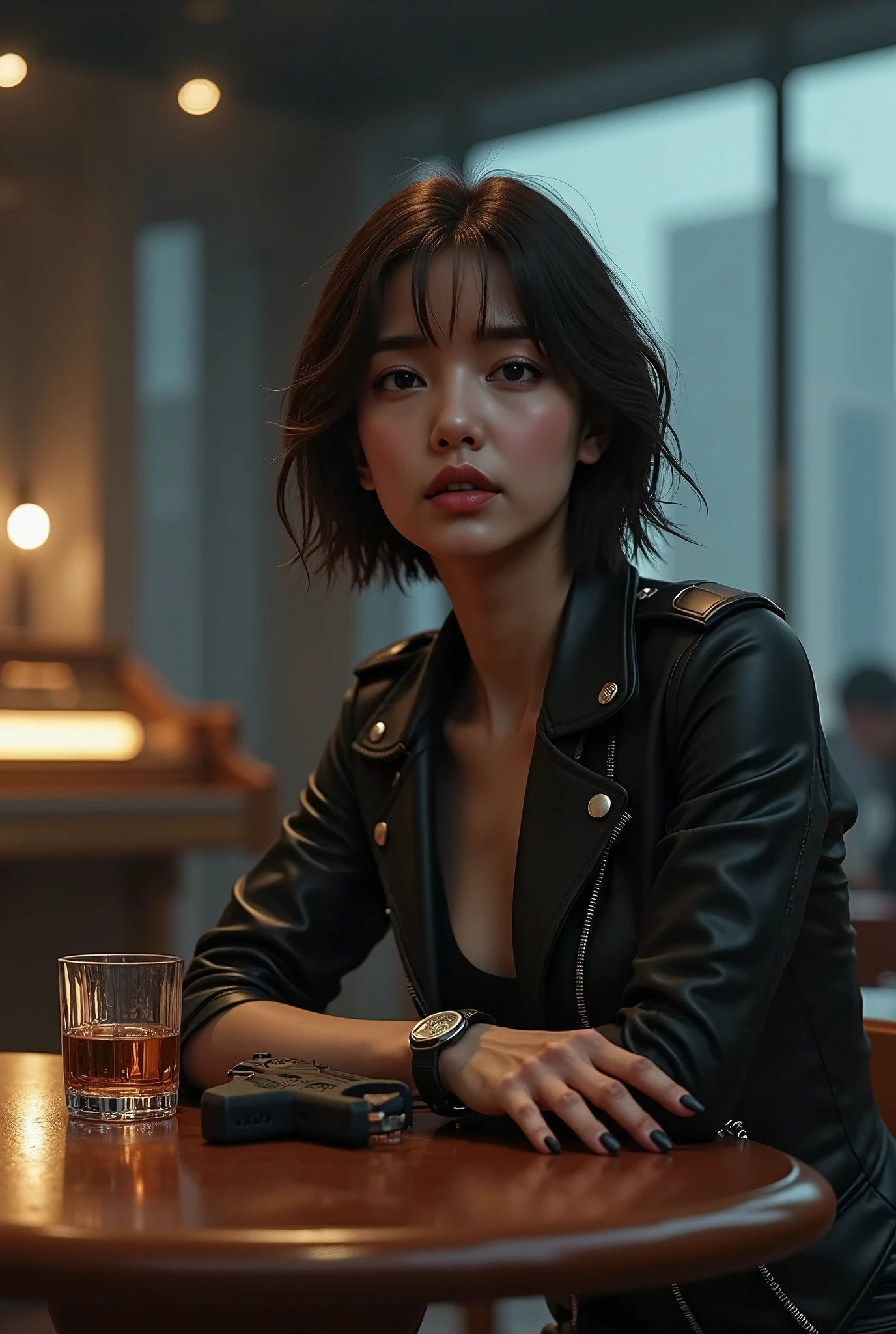 Short Haired Female  in a sci-fi Saloon, cyberpunk ,Sitting ,Table, Wisky, luminated Piano nearby ,6 Bullet Revolver sci-fi gun on the Table ,Playing ,Detailed, Realistic , sci-fi movie scene