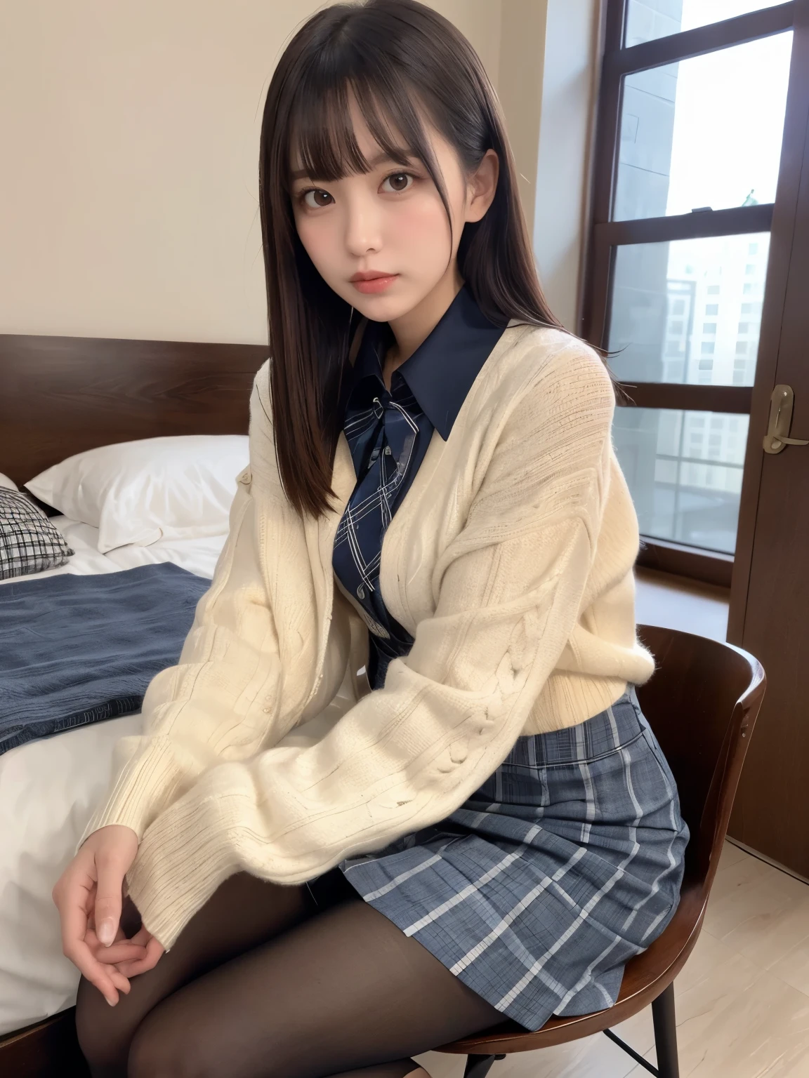 (((8k、High resolution、Please redeem、High resolution))), Alone、Natural body shape、White skin、Amazing beauty of beautiful woman、Natural Makeup、((Black Hair、bangs、Straight Long Hair))、(((Skirt flip)))、、(:1.4)、(())、(((((Full body photo)))))、(((Shooting from the side)))、(((Wear a uniform on your upper body)))、bedroom、(((Room))) 、((White long sleeve collared blouse))、((Beige cardigan))、((Dark blue checkered pleated skirt、mini skirt、Ultra-realistic pantyhose))、、Bad mood expression、((Bare thighs)), 