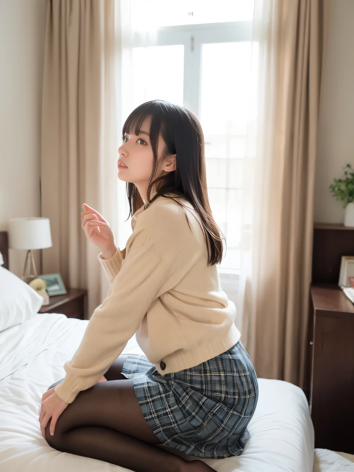 Japanese face, , bloomers, black hair, twin-tail hair, petite, moist eyes, full body, on all fours