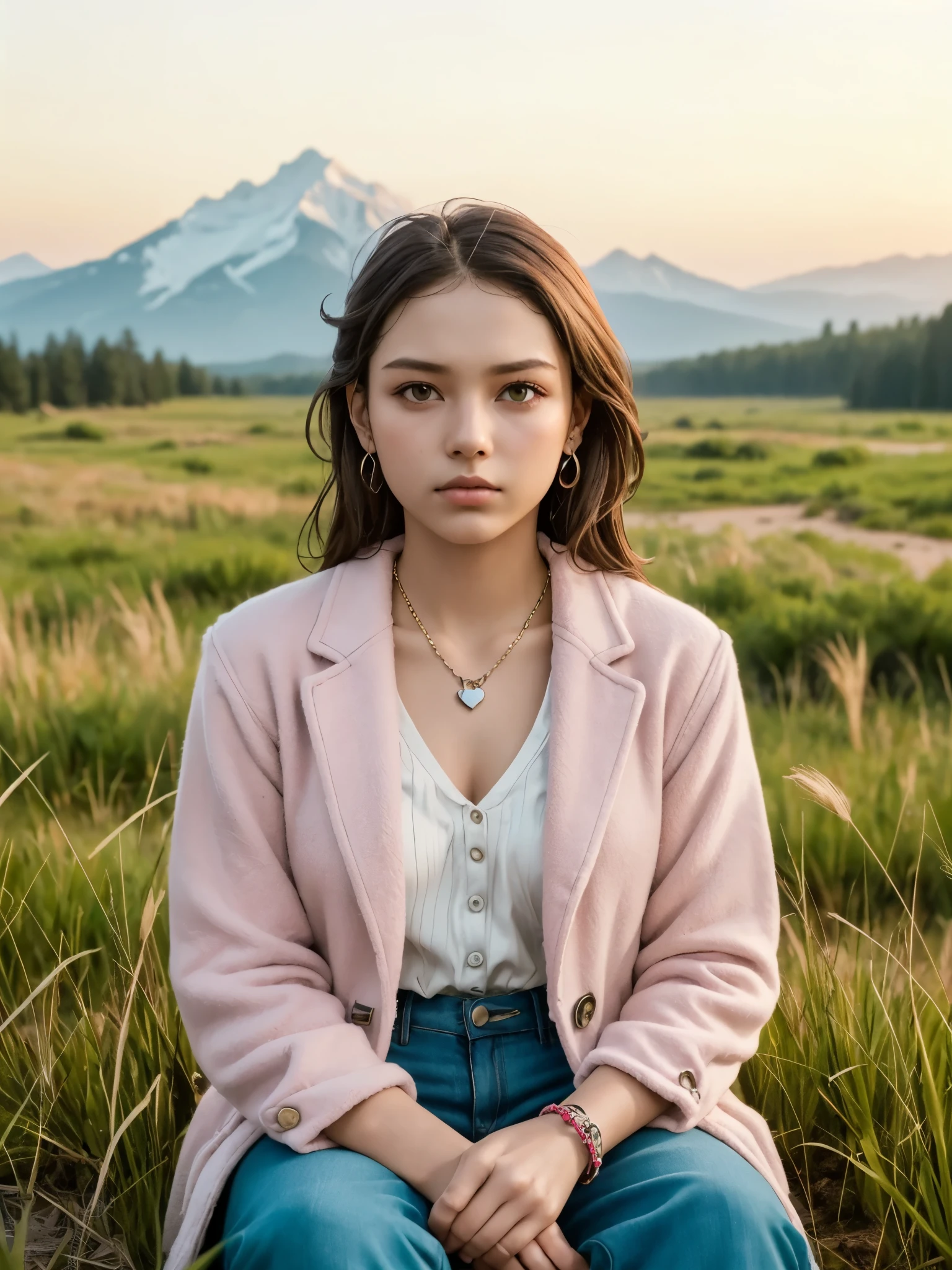 girl, sitting, weathered clothing, dusty clothing, worn clothing, pants, blazer, (tweeny, cute), (breasts:1.2), on grass, (brittle grass, desolate landscape:1.2), (looking at viewer:1.4), mountain far away, (sephia:0.4), (masterpiece, high resolution), perfect dynamic composition, evening, duffle coat, pink sweater, beautiful eroticism inducing atmosphere, earring, necklace, bracelet, romantic, mysterious, object of admiration, original, dramatic, artistic, innovative, charming, heartful, special, extreme, sense of loss, sorrow, feminine, (close-up shot),