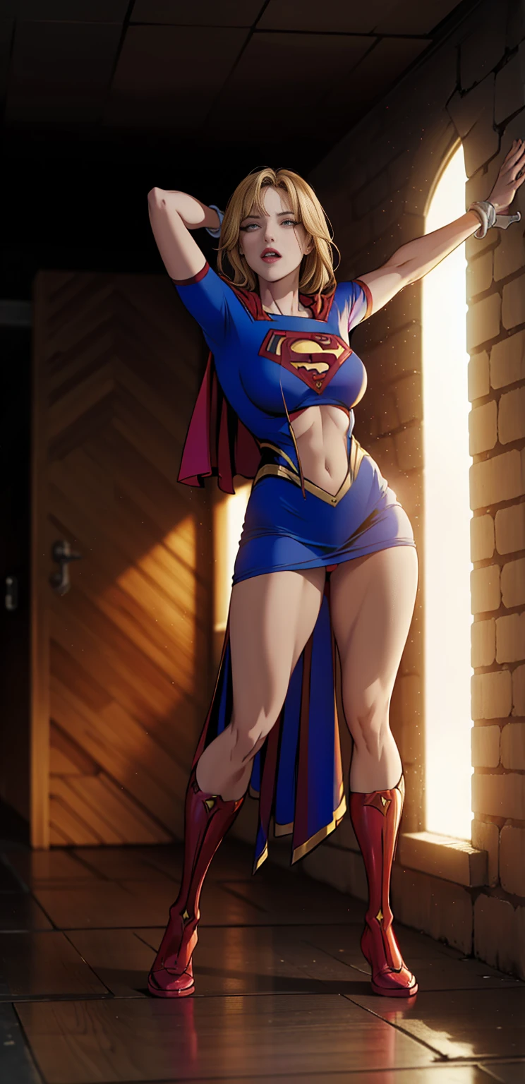 ((Full body photo, standing, feet on the floor)) ((SUPERGIRL in captivity, arms tied behind her back, hands tied behind her back, light illuminating the character
