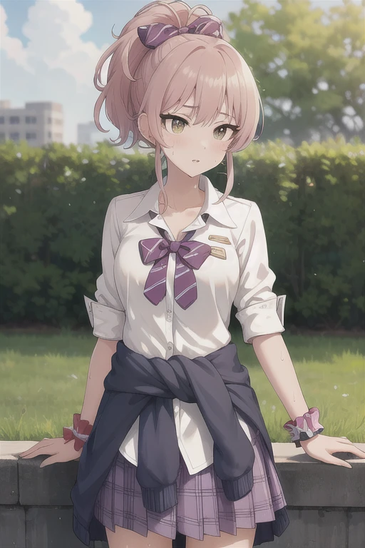 masterpiece, best quality, highres, aamika, ponytail, hair bow, collarbone, , striped, bowtie, collared shirt, white shirt, sleeves rolled up, wrist scrunchie,, clothes around waist, plaid skirt, purple skirt, standing, cowboy shot, outdoors, hands on hips, smile,(nsfw:1.2)