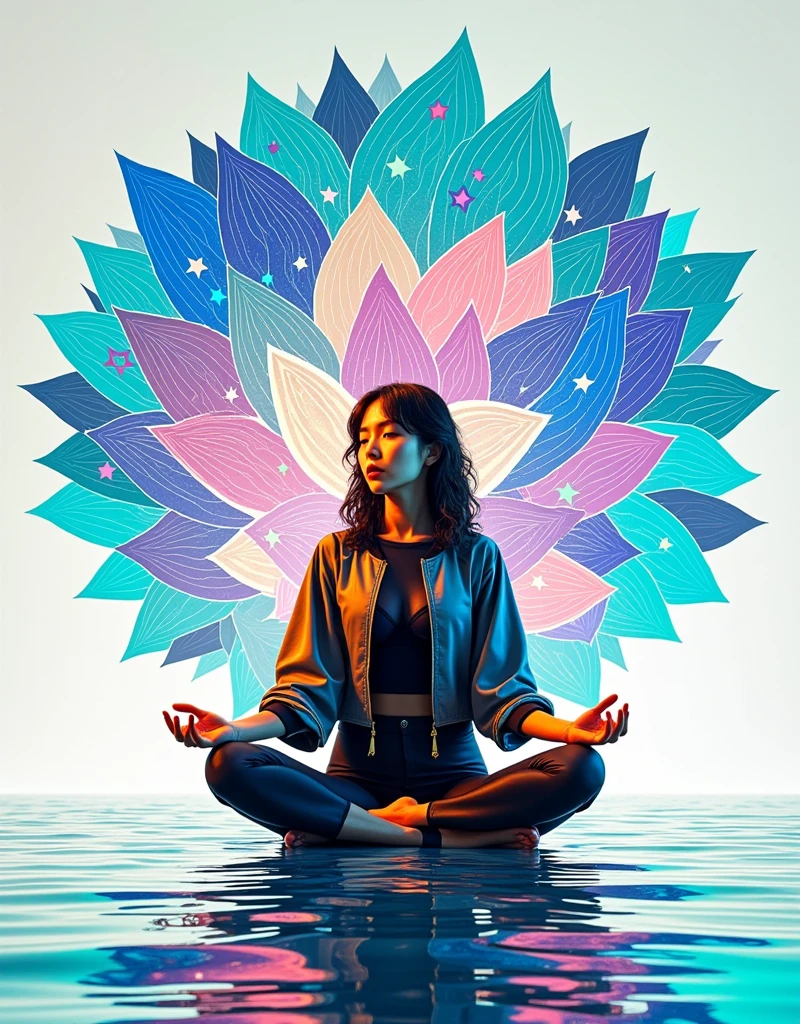 Full body photography of girl in lotus pose, Raw, Filming, (Be focused:1.5), (Reality:1.4), Dusk lighting, Volumetric Lighting, Ultra-high resolution, Dramatic Lighting, White background, (Zentangle, Mandala, dispute, Entanglement), Fox Demon, Fox Mask, Bomber Jacket, Foxfire Curse, fox family, Transformation, Dreamy atmosphere, The most beautiful chaos, grace, Brutalist Design Dark Theme, Flower of Death, Flowers of glowing line, Glow Example, Tracking example, flash, Backlight, translucent, Light Particles, petal girl, Depth of Field