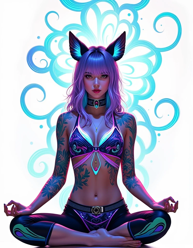 Full body photography of girl in lotus pose, Raw, Filming, (Be focused:1.5), (Reality:1.4), Dusk lighting, Volumetric Lighting, Ultra-high resolution, Dramatic Lighting, White background, (Zentangle, Mandala, dispute, Entanglement), Fox Demon, Fox Mask, Bomber Jacket, Foxfire Curse, fox family, Transformation, Dreamy atmosphere, The most beautiful chaos, grace, Brutalist Design Dark Theme, Flower of Death, Flowers of glowing line, Glow Example, Tracking example, flash, Backlight, translucent, Light Particles, petal girl, Depth of Field