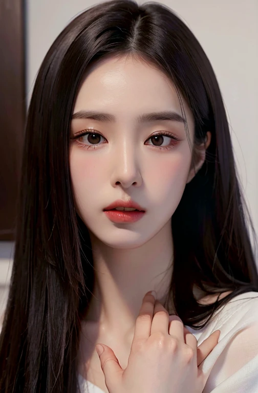 Best quality, masterpiece, ultra high res, (photorealistic:1.4), raw photo, 1girl, long straight black hair, makeup, parted lips,looking at viewer