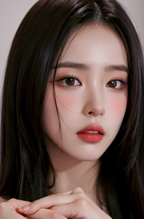 Best quality, masterpiece, ultra high res, (photorealistic:1.4), raw photo, 1girl, long straight black hair, makeup, parted lips,looking at viewer