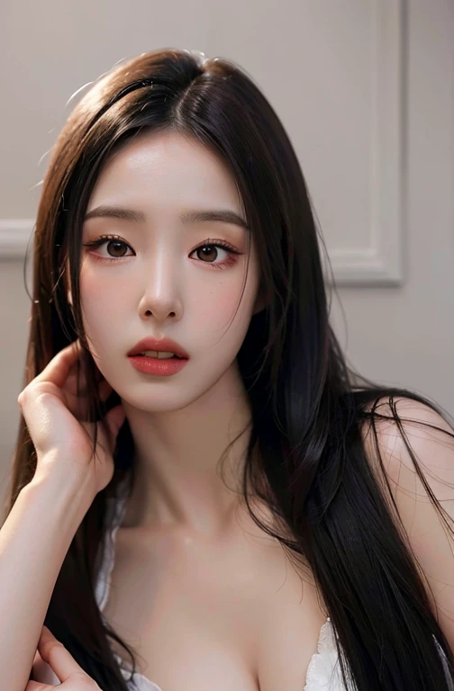 Best quality, masterpiece, ultra high res, (photorealistic:1.4), raw photo, 1girl, long straight black hair, makeup, parted lips,looking at viewer