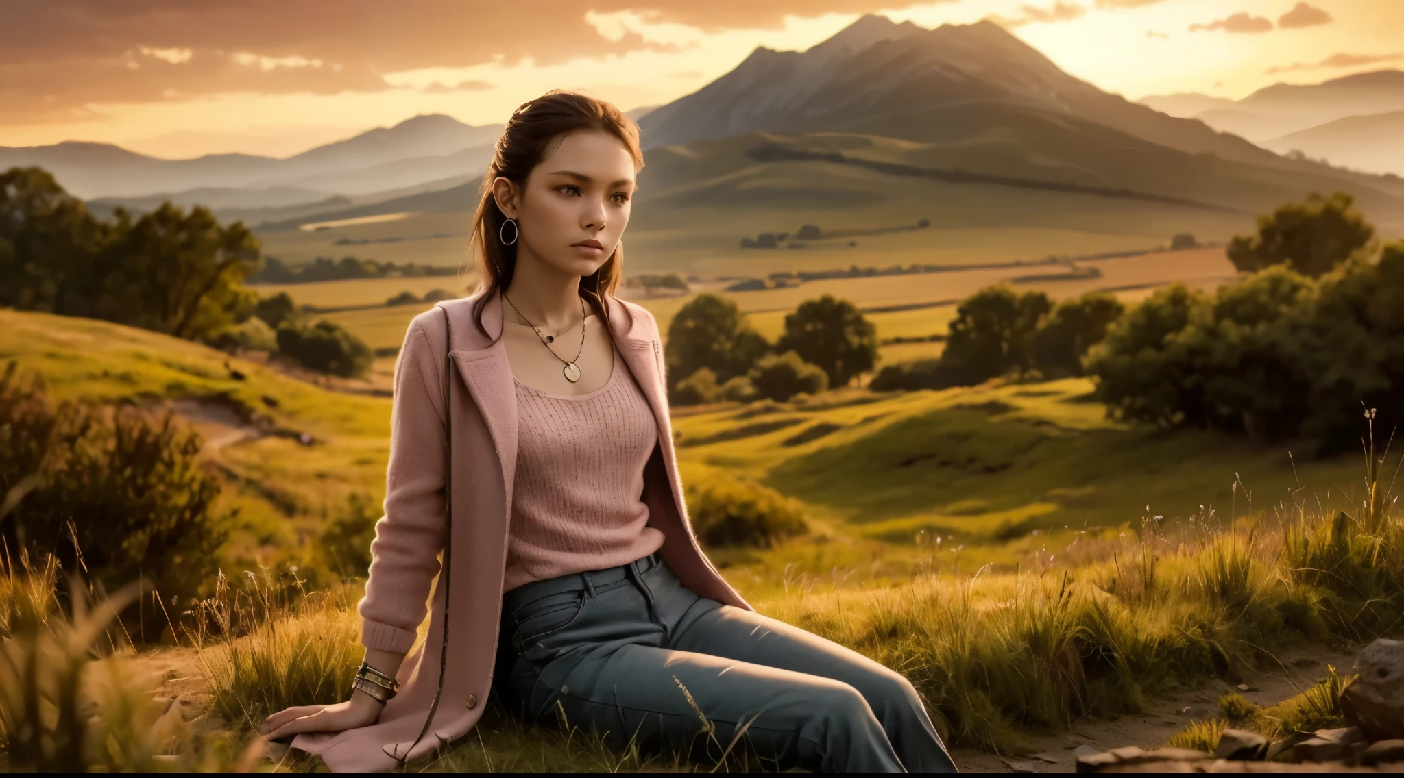 girl, sitting, weathered clothing, dusty clothing, worn clothing, pants, blazer, (young, cute:1.4), (breasts:1.2), on grass, (brittle grass, desolate landscape:1.2), (looking at viewer:1.4), mountain far away, (sephia:0.4), (masterpiece, high resolution), perfect dynamic composition, evening, duffle coat, pink sweater, beautiful eroticism inducing atmosphere, earring, necklace, bracelet, romantic, mysterious, object of admiration, original, dramatic, artistic, innovative, charming, heartful, special, extreme, sense of loss, sorrow, feminine, (close-up shot:0.8),