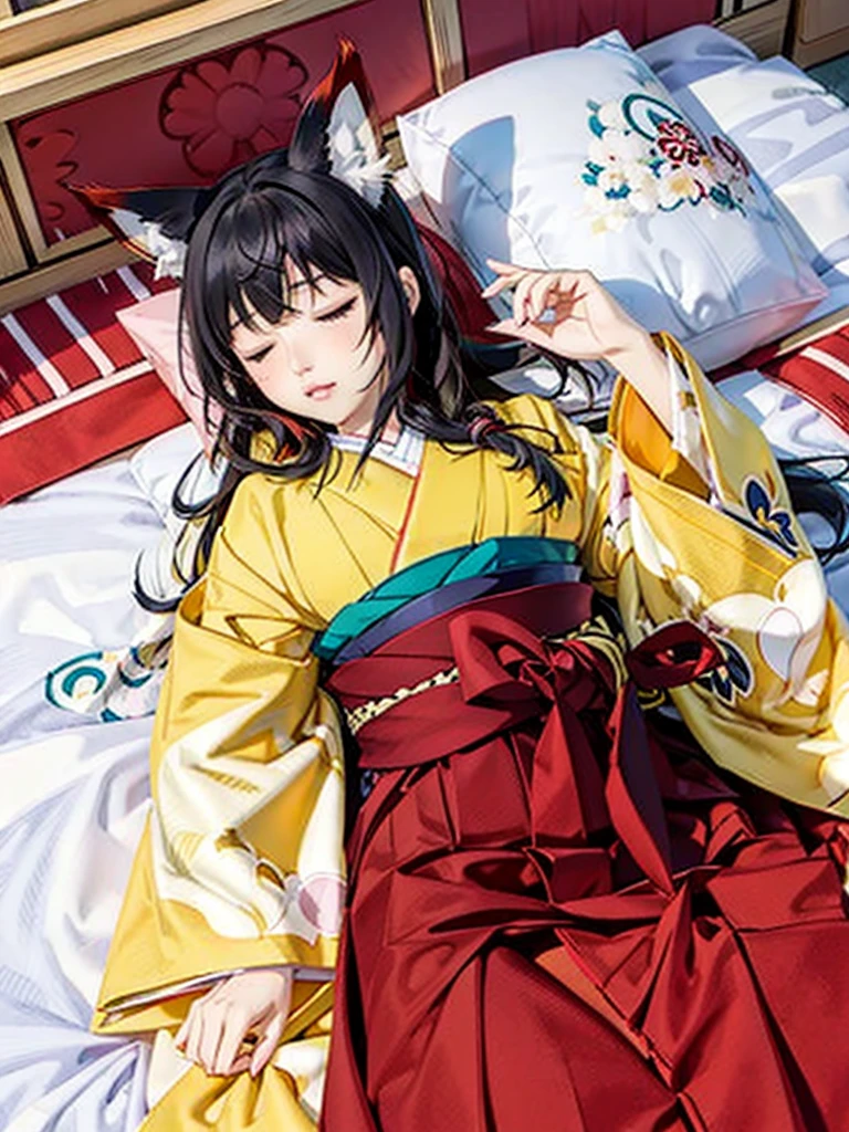 Anime, girl, fox ears, fox tail, big tail, bushy tail, big ears, hakama, furisode, Japanese town, lying down, sleeping face,