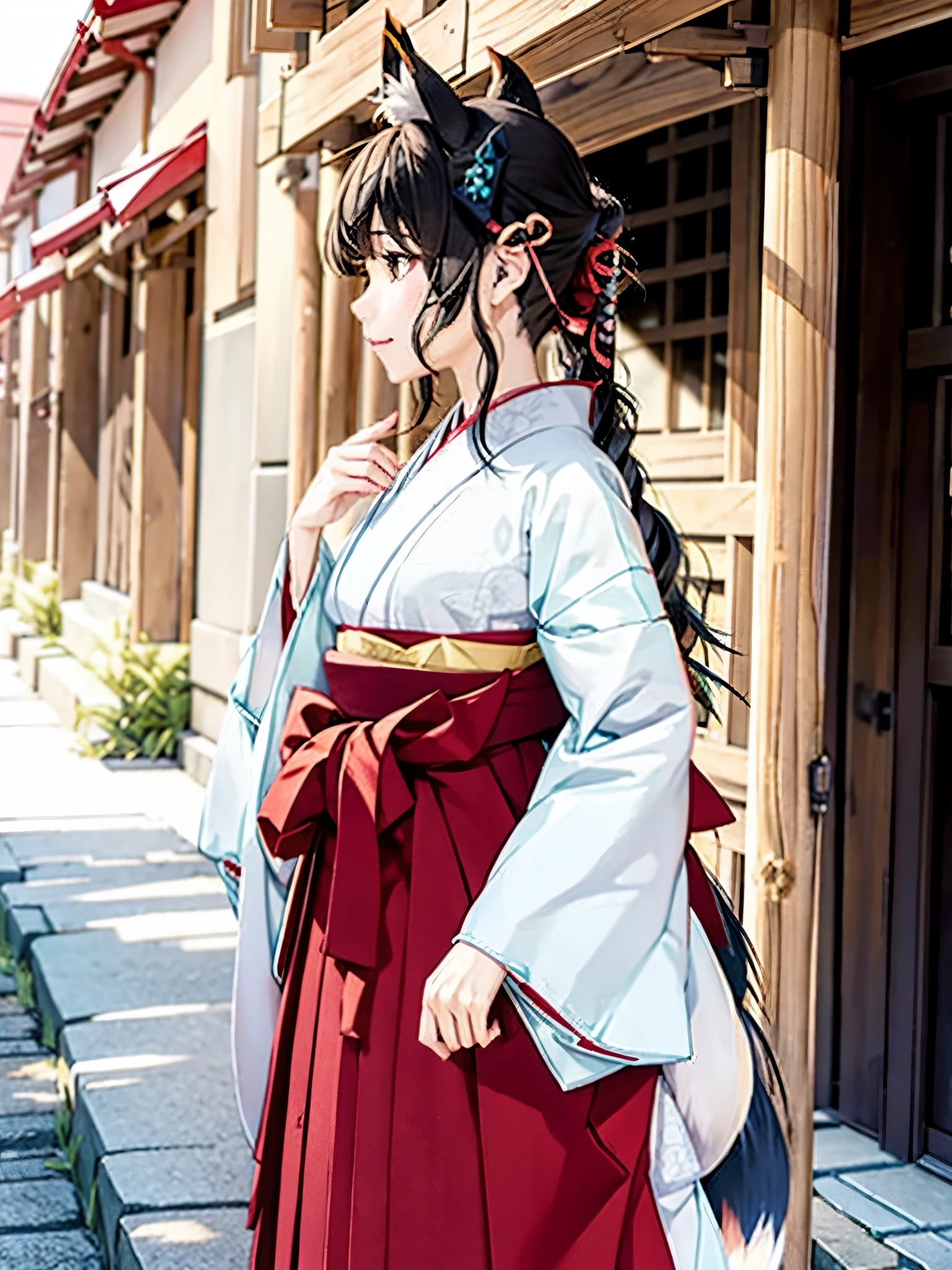 Anime, girl, fox ears, fox tail, big tail, bushy tail, big ears, hakama, furisode, Japanese town