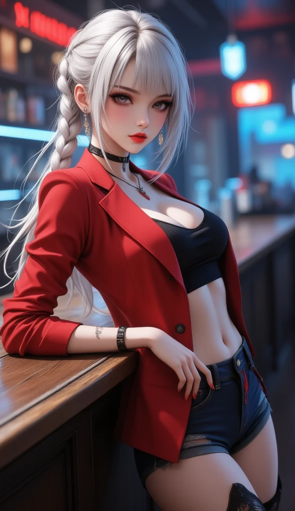 3D realistic, ใบหน้าคมชัด, ****ung woman stand Leaning against the counter bar, beautiful, Incredibly detailed, The perfect type, The idol is mesmerizing, Stunning face, Beauty beyond the world, Pure white hair, Ring braid, Brown eyes, tattoo , แว่นดำ, Red lips, Kakegurui, Red blazer, black crop, กางเกงขาสั้นยีนส์สีดำ, tights, high-heels, shiny skin, counter bar,Bar whisky background in dark style, blue neon, Highest quality , Best details 