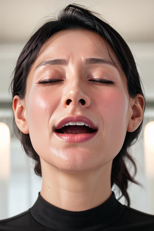 Tabletop,Awards - Winning Photos, Very detailed, Edge Orgasm, Woman with open mouth and closed eyes , Face Macro Zoom、Skin shiny with sweat、Lighting that highlights the shine of sweat{{{Spread the word }}}, Black-haired、Browsing Caution,Beautiful Japanese Woman,furrowed brow, screaming, raised eyebrow, frown, textured skin