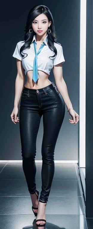 Full Body Photo,  Acurate, 1 Nayeon、Black hair、black eyes、Semi-long、setting hair、Slender but well-proportioned muscular body、a smile、wearing a tie-front shirt、Abs are cracked、The navel is visible、Wearing high heels、wearing very tight Sky Blue skinny jeans.、Breasts are big、Full Body from Head to Toe、Standing in a full height from head to the tip of the toe.

The picture must capture from head to toe