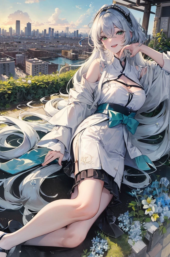 work of art, best qualityer, ultra epic details, long white hair, white eyelashes , gray eyes, greatsword, surrounded by a large and long green Chinese mythological dragon, white stockings, white outfit, forest in the background