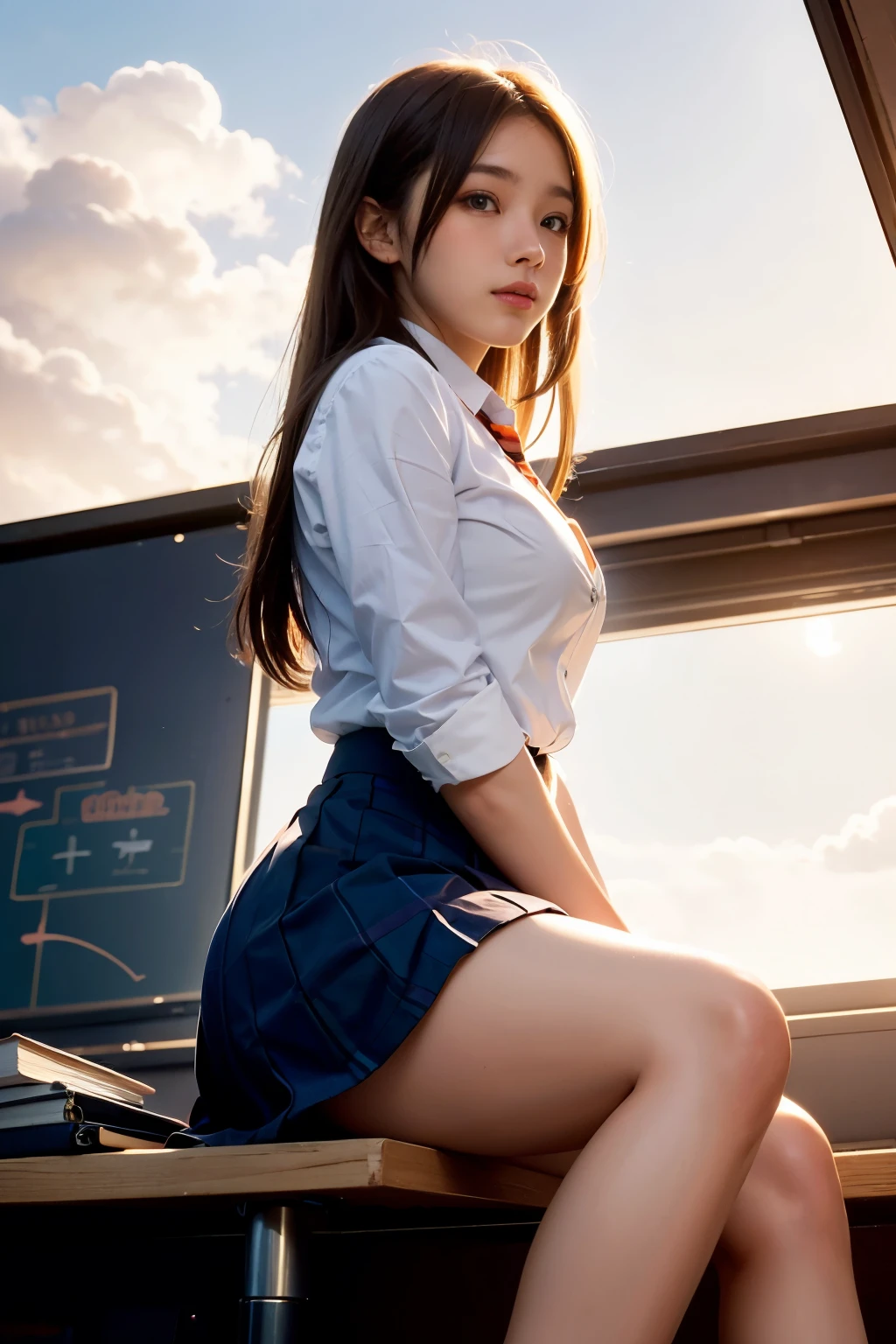 SFW, top-quality, masterpiece, beautiful high school girls in uniforms are sitting on a bath, Girl has open legs, She has medium bob hair, plump big breasts, The sky is blue, the sunlight is strong, and the scene is captured from a low-angle perspective, Medium bob hair, lightbrown hair, plump big breasts, Open legs, showing panties, white panties, red blush, White blouses, pleatedskirt, high socks, lowfers,