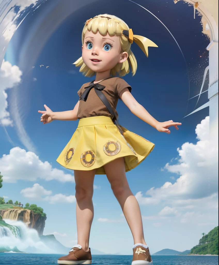 masterpiece, best quality, highres, ultra-detailed,, 1girl, Bonnie, skirt, shirt, closed mouth, standing, full body, short sleeves, shoes, brown shirt, child,, hidden hands, hand back,, ((((ultra illustrated style:1.0)))) ,best animated, ray tracing, global illumination no shoes socks on 