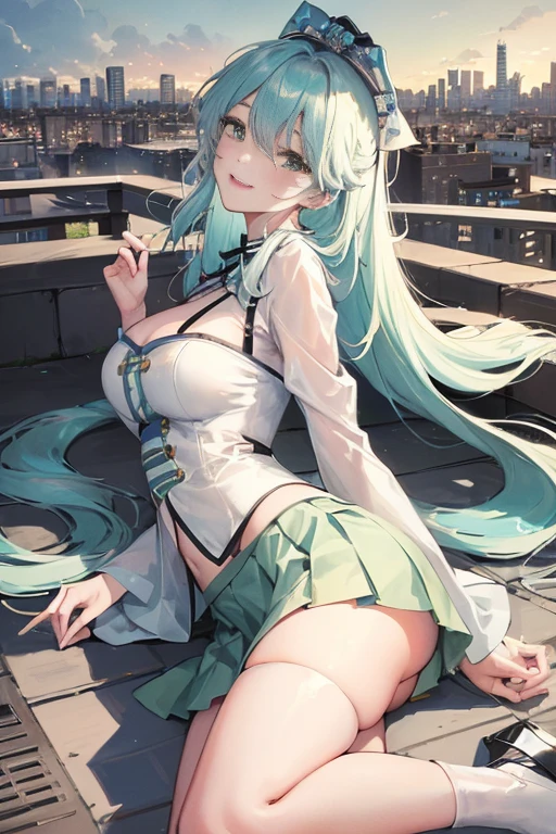 Official art, masterpiece, sharp focus, (beautiful gorgeous and cute Chinese woman: 1.3), (beautiful and cute Chinese: 1.3), picture full of color, light green hair Chinese beauty, wearing bikini, thongs and jumpsuits, delicate beautiful hair and eyes and face reaching the ground, realistic, super detailed, beautiful girl, fine light rain, wet clothes, glowing white particles, (lightingside: 1.2), sunlight, white clouds, detailed clouds, slender, Cute big breasts and big buttocks, toothless smile ((eyes open when laughing)), scenery, long straight hair, sexy facial expressions, mountains and rivers in the background, wet clothes clinging to the curves of the body, (cityscape:1.7), dynamic hair, long straight hair, delicate colored hair, glowing heterochromic pupils, black stockings, pale skin, hair accessories, epic landscapes, collars and hair accessories, hair especially long