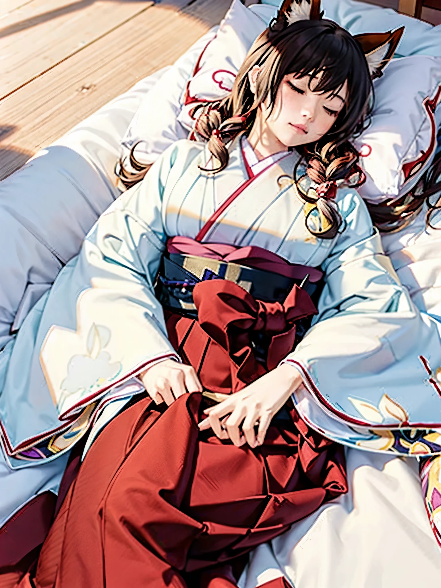 Anime, girl, fox ears, fox tail, big tail, bushy tail, big ears, hakama, furisode, Japanese town, lying down, sleeping face,