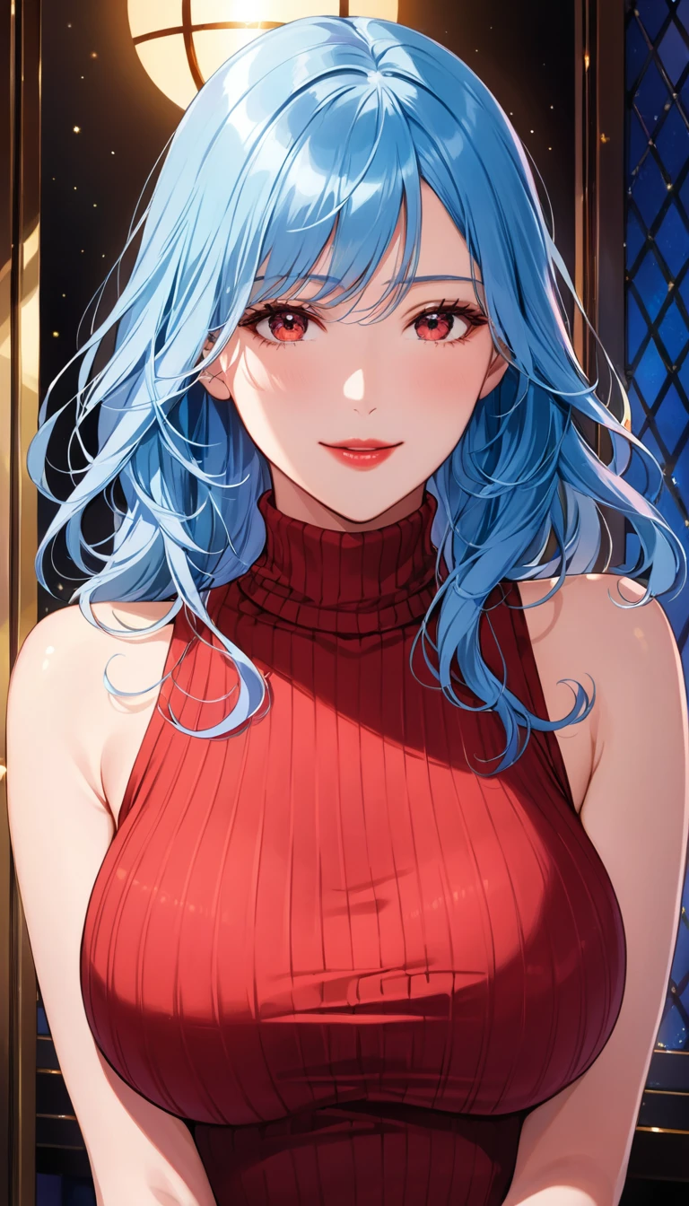 best quality, masterpiece, Ultra-high resolution, (realism: 1.4), original photo, 1 Girl, Green Eyes, Off-shoulder, Movie Lighting, Blue Hair, Sunset