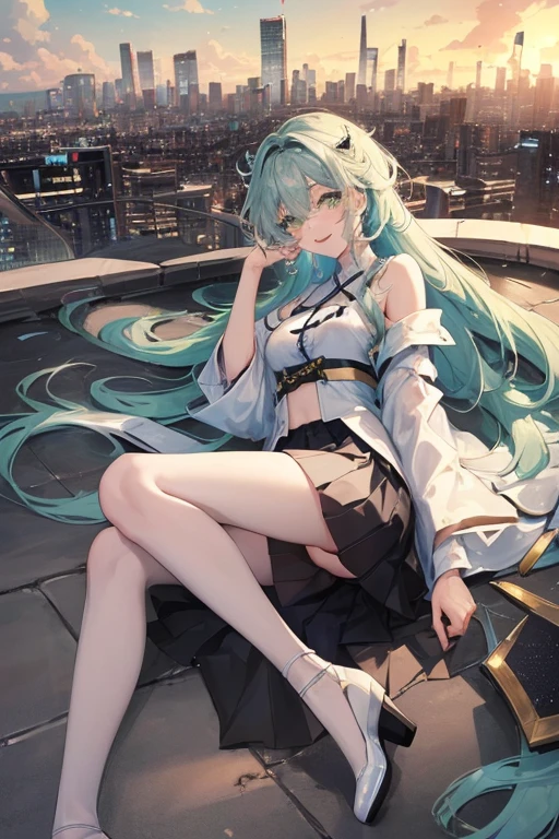1 anime girl，masterpiece，high resolution，Anime Art，Anime Numbers， 4k anime wallpaper，Soft Light，Radiant Skin，Looking at the camera，Solitary，Sitting on top of the tower，Green twin ponytails，Green beads in hair，Full and firm breasts，There are two red lines on the belly，(Green eyes: 1.3)，Slender legs，Modern City，Starry Sky