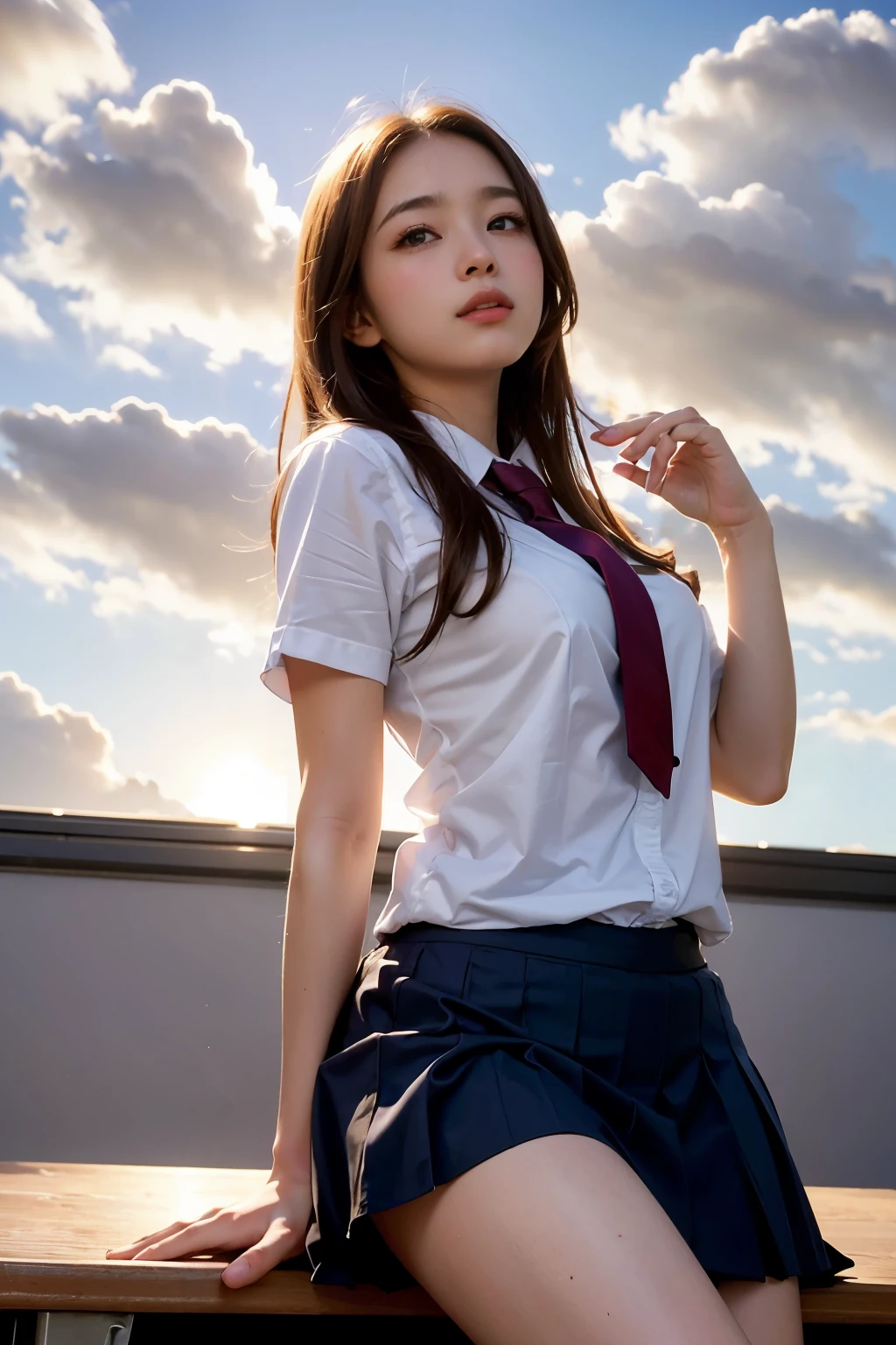 (Best Quality, High resolution, masutepiece :1.3), Pretty women, plump big breasts, Constricted waist, 
Against the background of reddish sunset sky、Clouds and sun sink into the ocean, Beautiful schoolgirl in uniform sitting. Her hair is light brown, And it's medium bob style. She wears a white blouse and pleated skirt as part of her uniform. She sits with her legs apart, And her gaze is directed to the camera. Create this scene from a low angle shot.