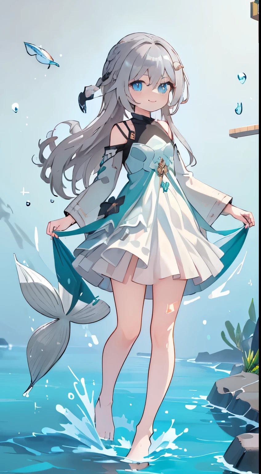 (Piece Fly), (Best quality), Very detailed, 1 girl, Perfect face, (Full body photo:1.3), Very detailed顔，(Grey hair long hair:1.5)，(Blue Eyes:1.4)，(In the water:1.4)，(White Dress:1.5)，Small fish，Light，bubble，jellyfish，Seaweed，deep sea，fantasy，seabed，float，splash，(红色Small fish，Small fish:1.4)，(Smile:1.3)