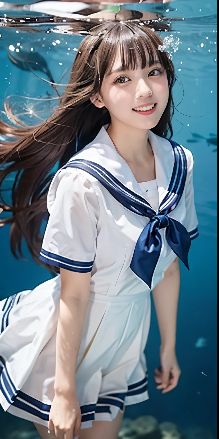 (transparent:1.3),白Sailor suit,Sailor Dress, White Theme,School Uniform, Sailor suit, View your viewers,  Crazy, Gaudy long hair, Beautifully detailed eyes,Hair shines,Dramatic Angle,Blue sailor collar, Perky breasts,Light Smile,Partially underwater shot...