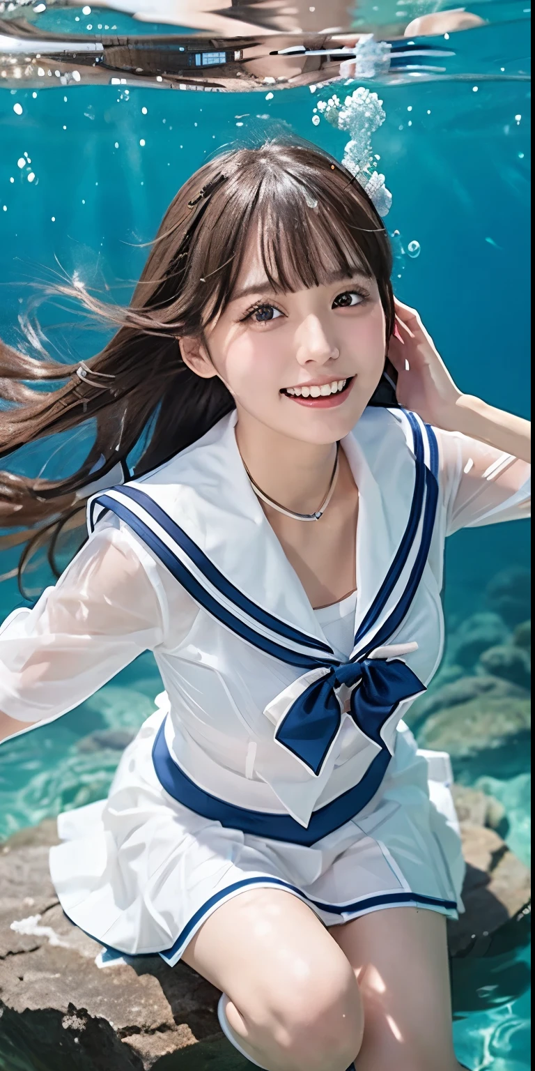 (NFSW)、(High resolution:1.5)、Highest quality,Very detailed,masterpiece,Super detailed,alone,(One busty  girl),((Summer School Uniforms:1.5)),((Cute pose in the marine blue sea))、 Seraphim, ((skirt:1.5)),  smile, Thigh fetish images: 1.5、(((barefoot)))、(Her thighs and white bikini reflected in the clear blue water)、(reflected in water:1.5)、((I can see her white panties:1.5))、(Cleavage)、((Clear blue seawater))、Summer sun、はしゃいだsmile、Beautiful Eyes、(pull-out-panties)、(Panties on knees)、Big necklace and tiara、The water is marine blue、(((Glossy thighs)))、(((pull-out-panties:1.5)))