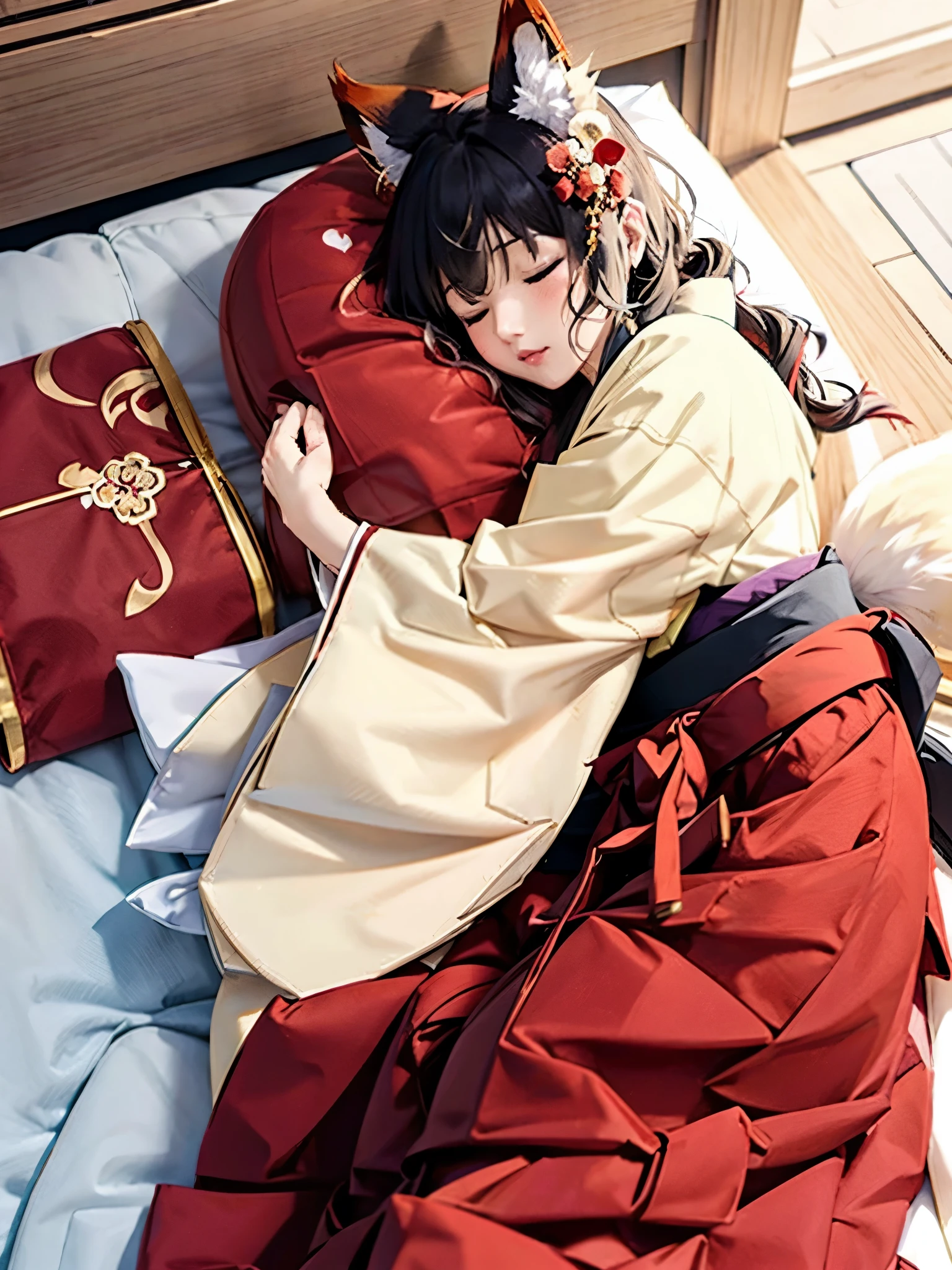 Anime, girl, fox ears, fox tail, big tail, bushy tail, big ears, hakama, furisode, Japanese town, lying down, sleeping face, woman hugging woman