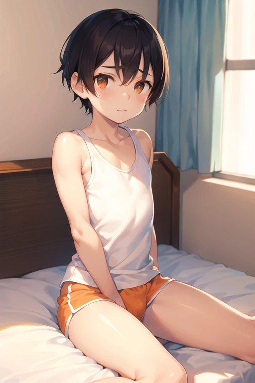 masterpiece, high resolution on down,Best Quality,8k( Detective Conan ,Haibara Ai)
(  girl,, flat chest,short,Brown Hair, short hair)  fearless smile  
(Grey short hot pants, Black Tank Top),Hands Between Legs