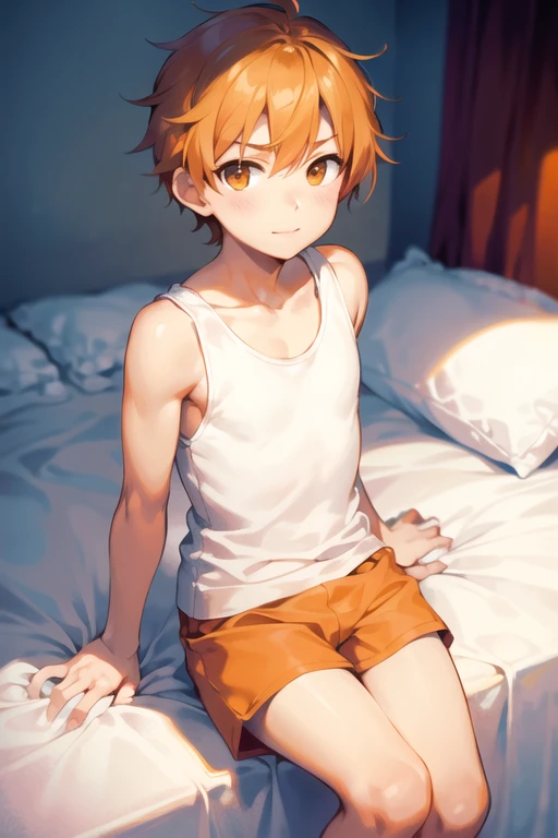 Absurdres masterpiece HDR high quality picture of Handsome boy , handsome face, detailed face, orange hair , very Short hair, ((messy cut hair style:1 )) , yellow eyes , light skin , ((muscular:1)),masculine ,age 18 ,
Wearing a school uniform, topless , lying in bed, beautiful background, masterpiece scenery