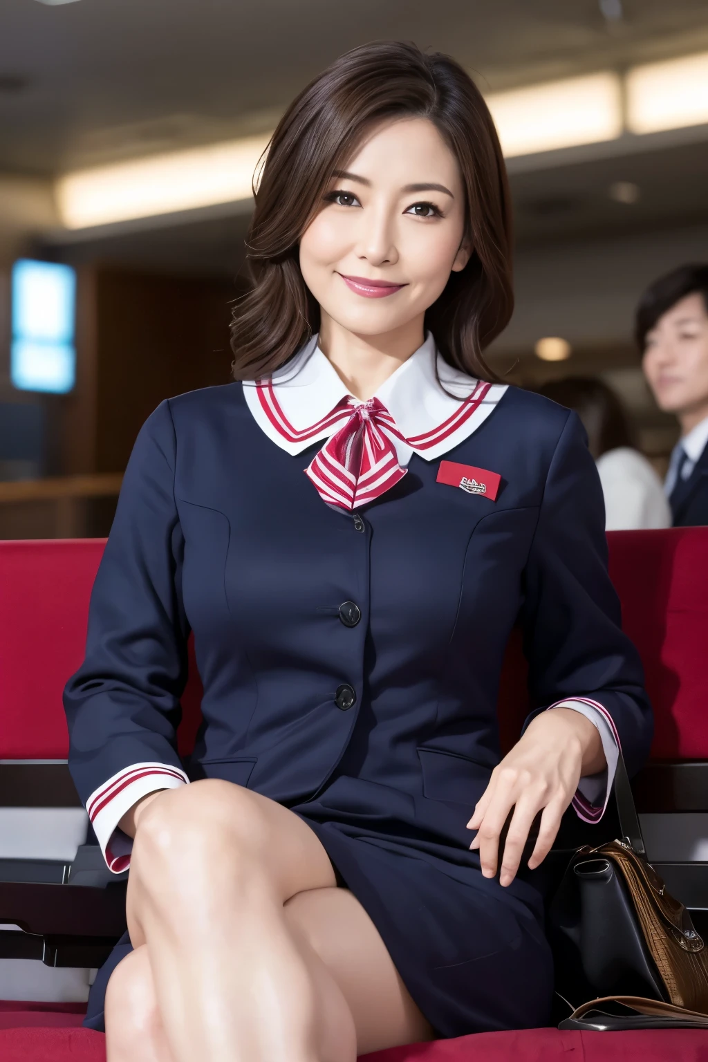 Beautiful Japanese Women、Beautiful Mature Woman、Elegant sex appeal、sexy、Perfect Lighting、Beauty、Transparent beauty、8K High Resolution、High resolution、Photorealistic、Masterpiece、Gravure quality、55-year-old Mrs.、Dark lipstick、smile、Beautiful breasts、stewardess、stewardessのブレザーの制服、Airline Uniforms、Airport Lobby