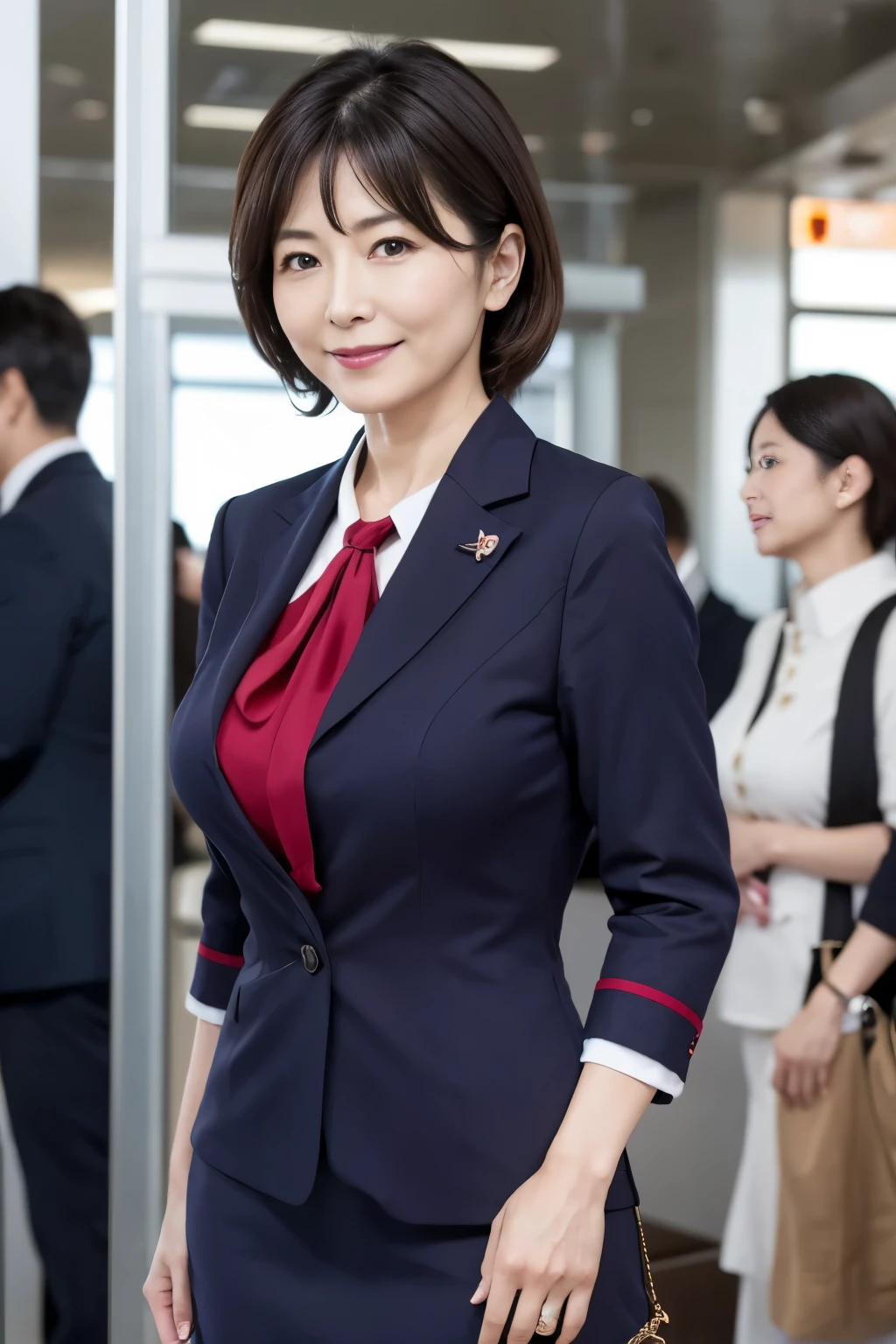 Beautiful Japanese Women、Beautiful Mature Woman、Elegant sex appeal、sexy、Perfect Lighting、Beauty、Transparent beauty、8K High Resolution、High resolution、Photorealistic、Masterpiece、Gravure quality、55-year-old Mrs.、Dark lipstick、smile、Beautiful breasts、stewardess、stewardessのブレザーの制服、Airline Uniforms、Airport Lobby