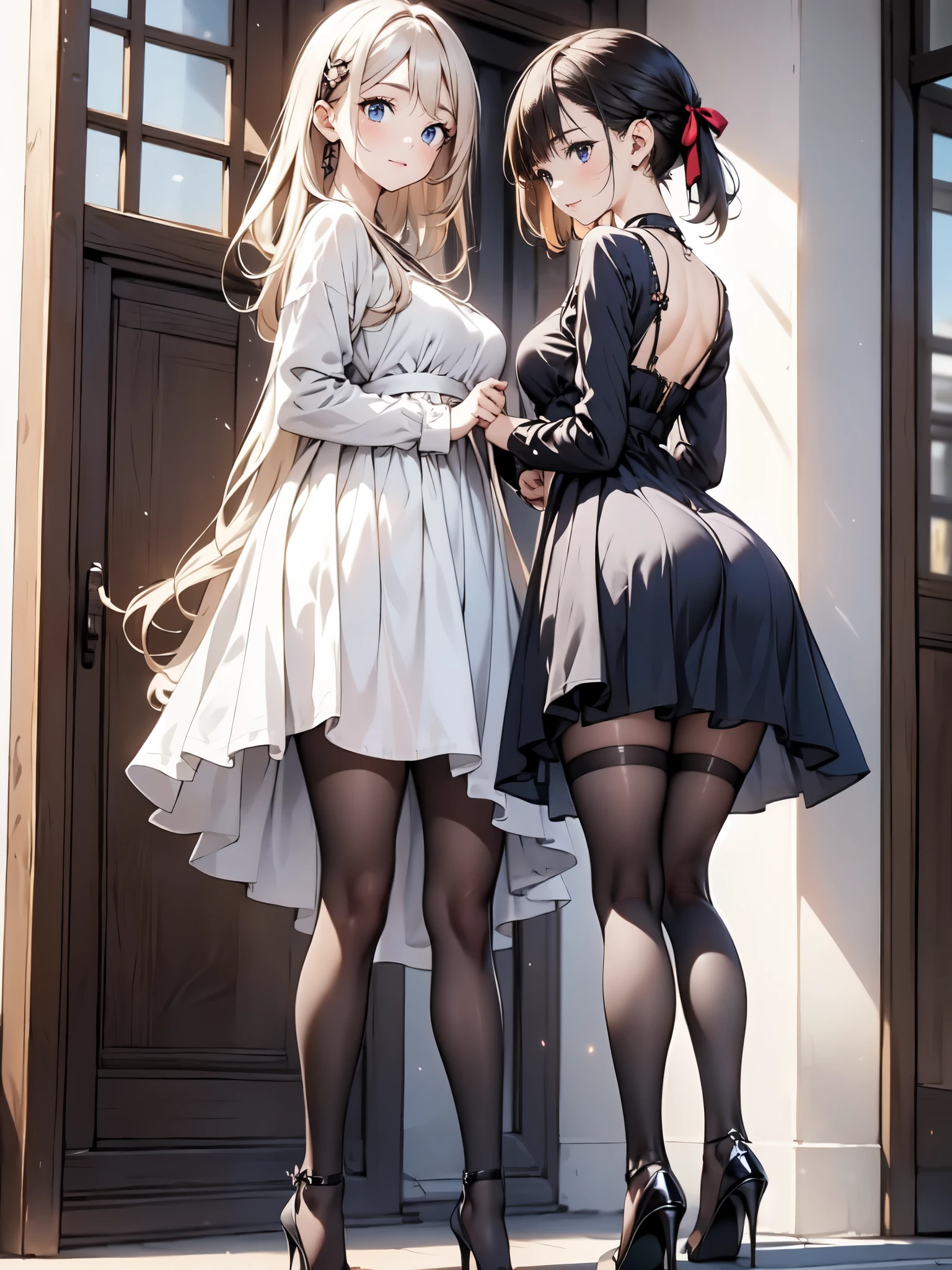 sexy princesses are inside the palace bedroom, full body shot, full body on the picture, shot from behind, wearing princess long tight corsait dress, sleeveless, lifting skirt up, high heels, high boots, lace stockings, garter belt, long gloves, choker, vivid lipstick, heavy makeup, eyeliner, ponytail