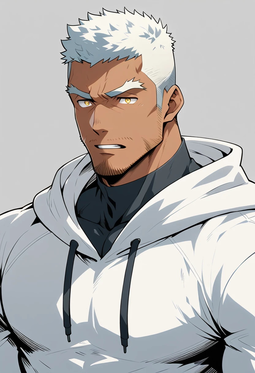 negro，anime characters：Gyee, Young Muscle Sports Sexy Teacher, negro black skin, Manliness, male focus, milky White long-sleeved hooded sweatshirt, Wear a black high-necked tights inside, Very tight, muscular male, muscular, only, Upper body, White short hair, Thick eyebrows, stubble, Yellow eyes, Grey background, simple background, amazing quality, best aesthetics, Ridiculous, bright pupils, crew cut, parted lips, embarrassed, endured face, Aggrieved expression, best quality