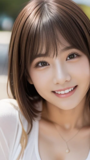 (top-quality、8K、32K、masterpiece,)Beautuful Women、((Small breasts))See-through T-shirt、Lying face down on the bed、Face down、Support your face with your hands、dark brown eyes、shot from a side angle、((no makeup on face))real face、smile-softly , Soft atmosphere、Warm atmosphere、Soft look、Melting smile、natural soft light、Sunlight、Take your eyes off
